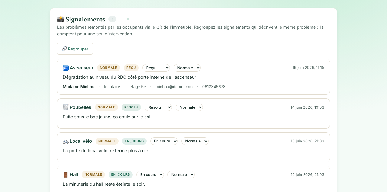 L'espace du conseil syndical : les signalements reçus, leur statut et leur historique.