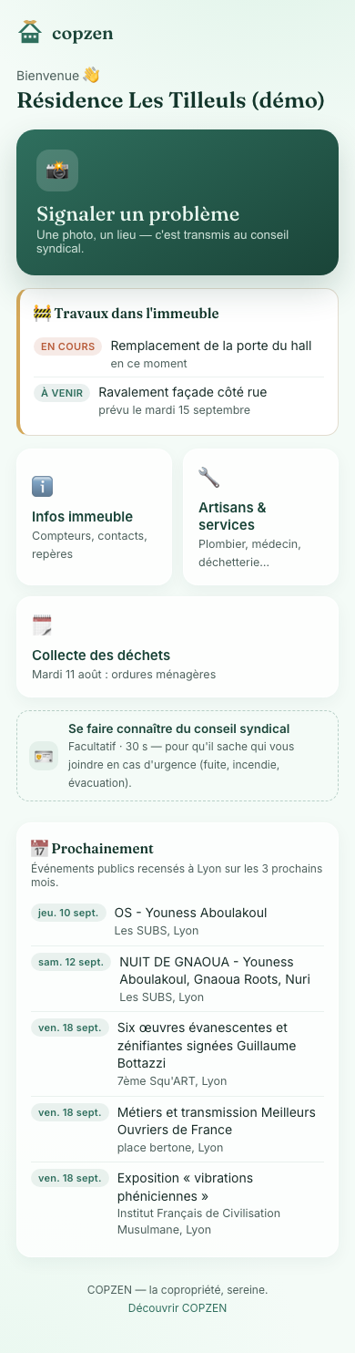 La page d'un immeuble après avoir scanné le QR : signaler un problème, travaux en
                    cours, infos immeuble, artisans, collecte des déchets, agenda de la commune.